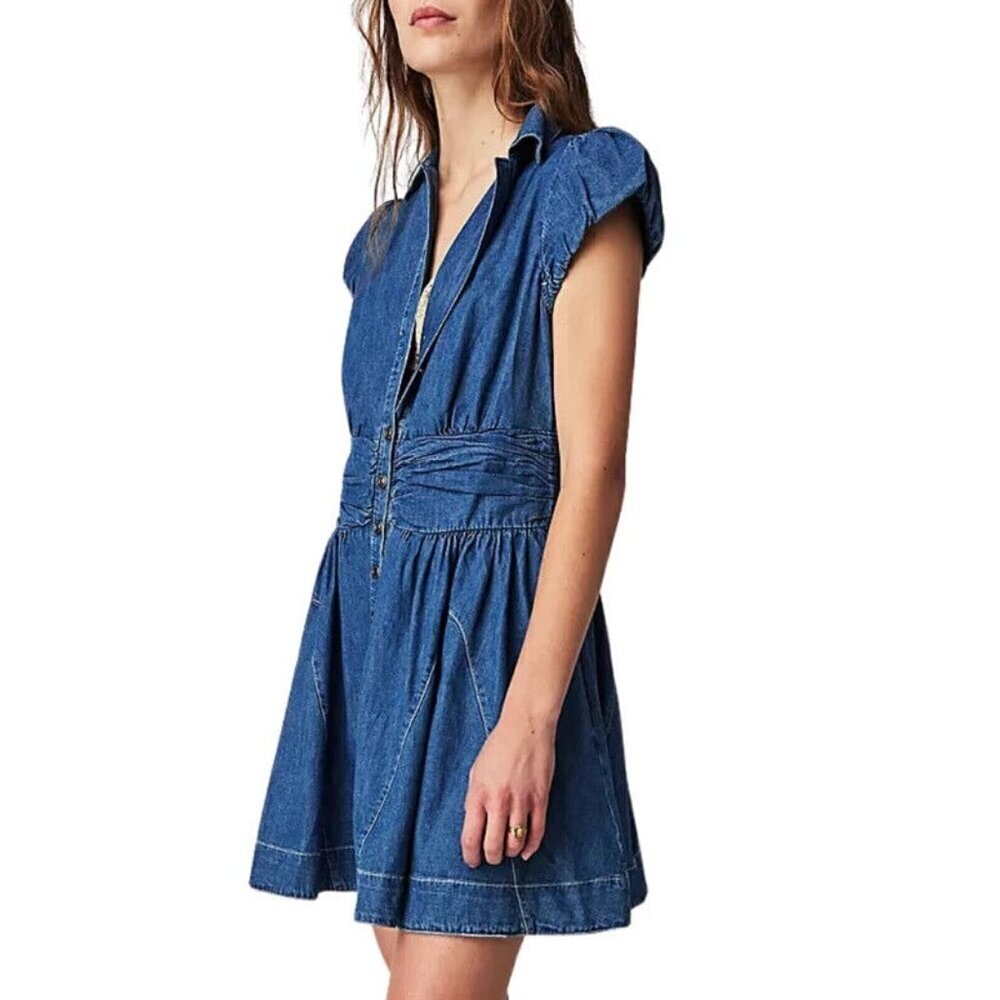 Free People Chester Mini Dress XS Montauk Blue Denim Puff Sleeve Ruched $128